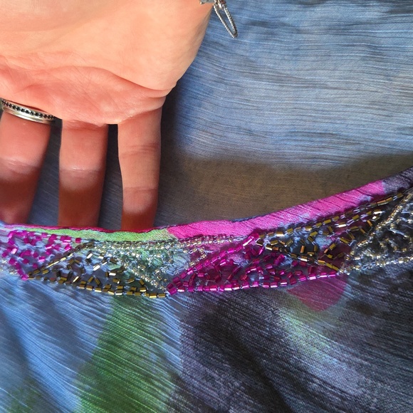 Embellished Floral Patterned Flowy Gauze Cover-up V-Neck Swim Dress - Picture 3 of 11